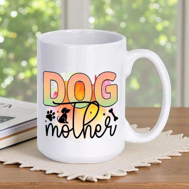 Tailorly White Ceramic 11 oz Mug - Dog Mother Colorful Watercolor Background Featuring Paw Prints Bone And Sitting Dog