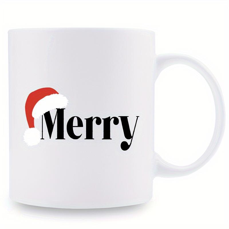 Tailorly White Ceramic 11 oz Mug - Merry Festive Red And White Holiday Cap Resting On Bold Letters Hat