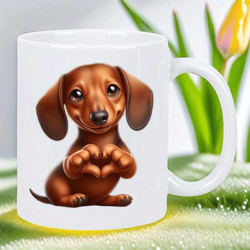 Tailorly White Ceramic 11 oz Mug - Adorable Brown Puppy Making Heart Shape Gesture Sitting In Green Grass Dachshund