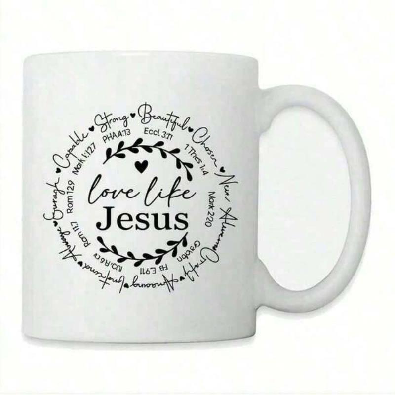 Tailorly White Ceramic 11 oz Mug - Love Like Jesus Circular Minimalist Border Featuring Christian Bible Verses And Inspirational Adjectives Wreath