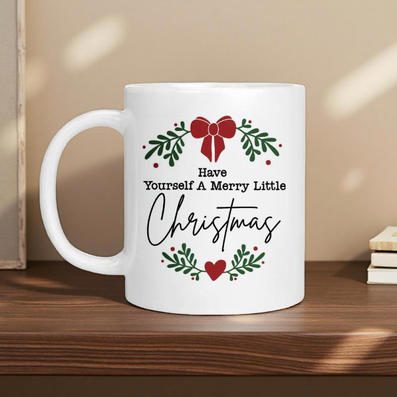 Tailorly White Ceramic 11 oz Mug - Have Yourself A Merry Little Christmas Festive Holiday Wreath With Red Bow And Green Leaves Heart Mug