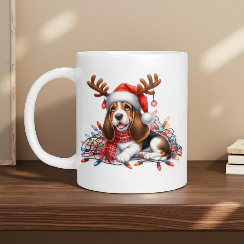 Tailorly White Ceramic 11 oz Mug - Festive Dog Wearing Reindeer Antlers And Santa Hat Wrapped In Lights Beagle