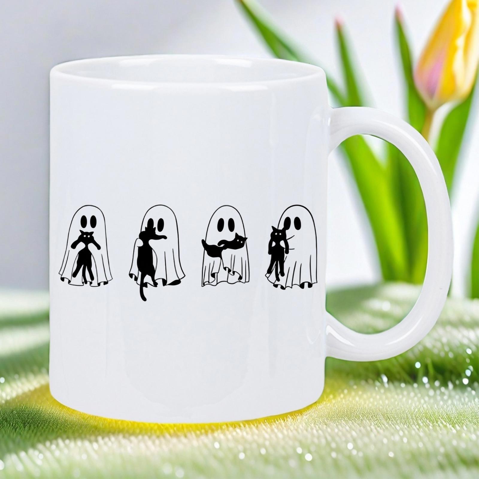 Tailorly White Ceramic 11 oz Mug - Playful Sheet Ghosts Interacting With Cute Black Cats On