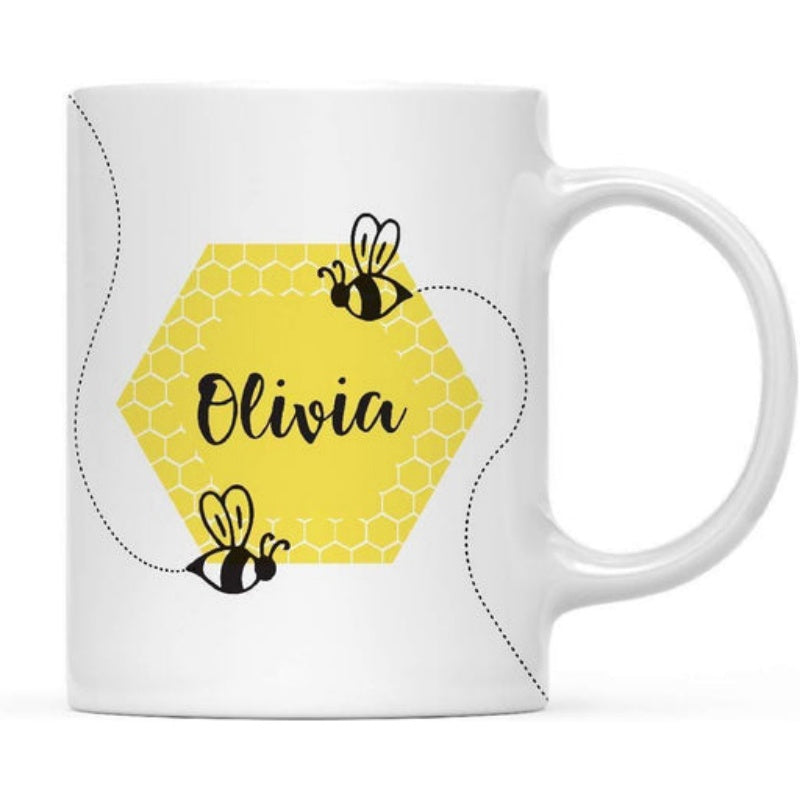 Tailorly White Ceramic 11 oz Mug - Olivia Yellow Honeycomb Pattern And Cute Little Bees Flying Around It Bee