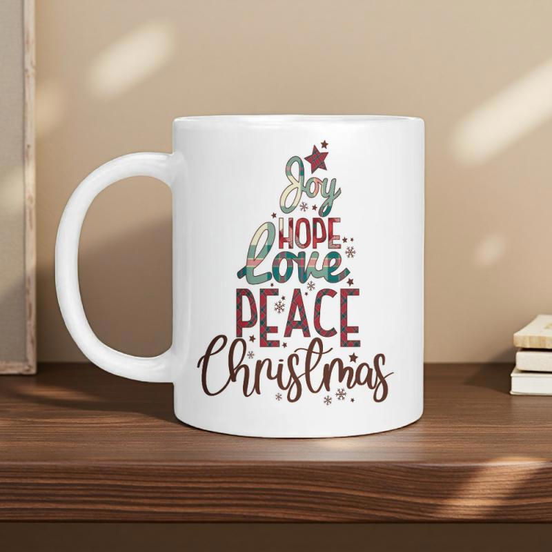 Tailorly White Ceramic 11 oz Mug - Joy Hope Love Peace Christmas Festive Typographic Arrangement Forming A Seasonal Evergreen Silhouette With Star Tree