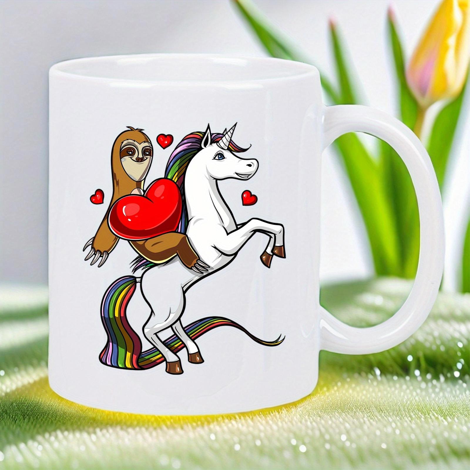 Tailorly White Ceramic 11 oz Mug - Whimsical Sloth Holding Red Heart Riding Rainbow Mane Majestic White Unicorn