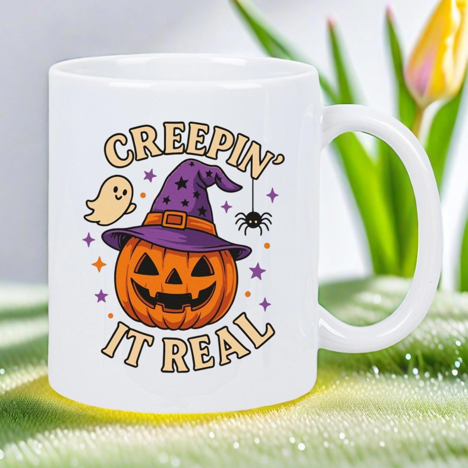 Tailorly White Ceramic 11 oz Mug - Creepin It Real Festive Halloween Jack O Lantern Wearing A Pointy Purple Witch Hat Pumpkin