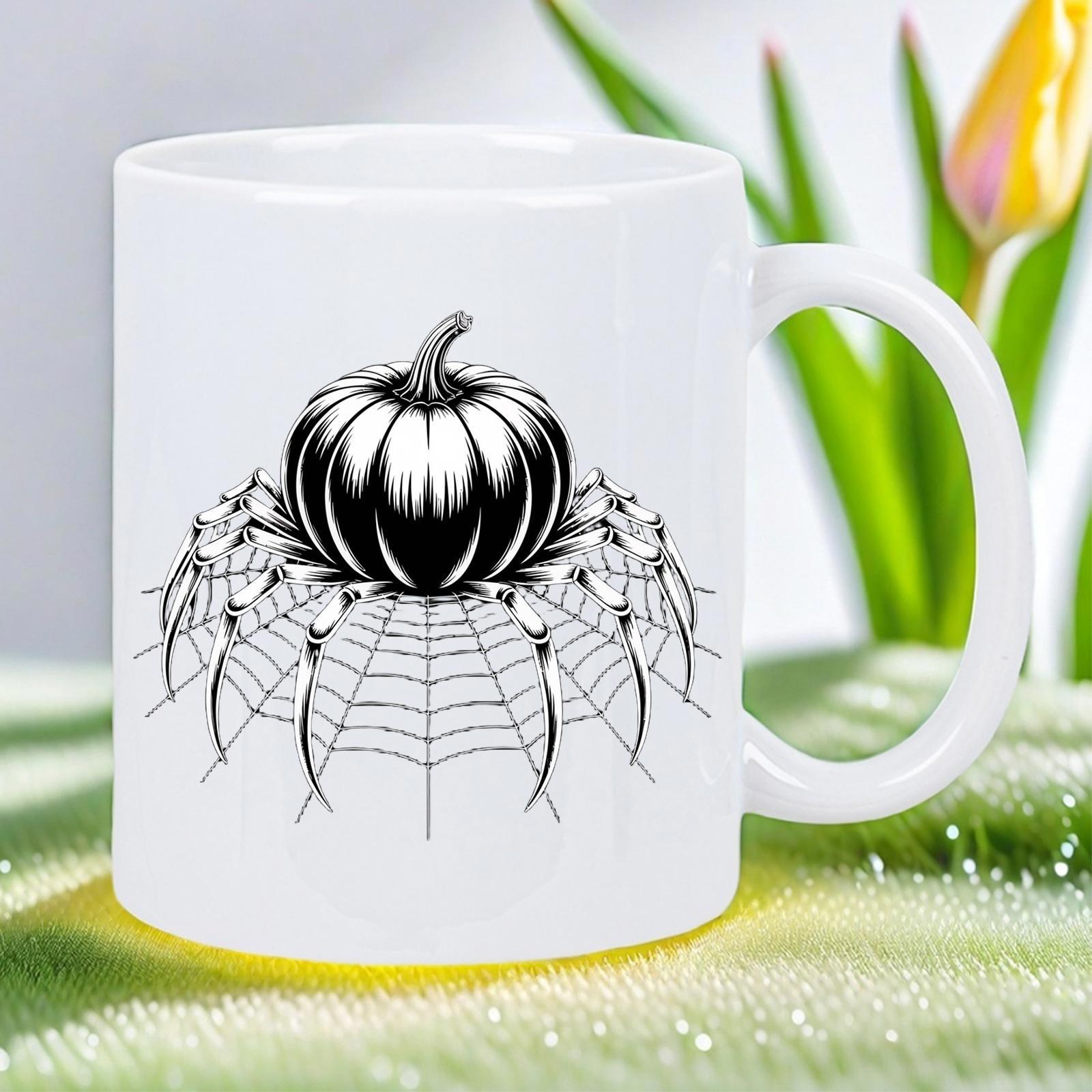 Tailorly White Ceramic 11 oz Mug - Spooky Black And White Halloween Illustration With Spider Legs And Web Pumpkin