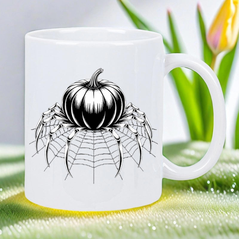 Tailorly White Ceramic 11 oz Mug - Spooky Black And White Halloween Illustration With Spider Legs And Web Pumpkin