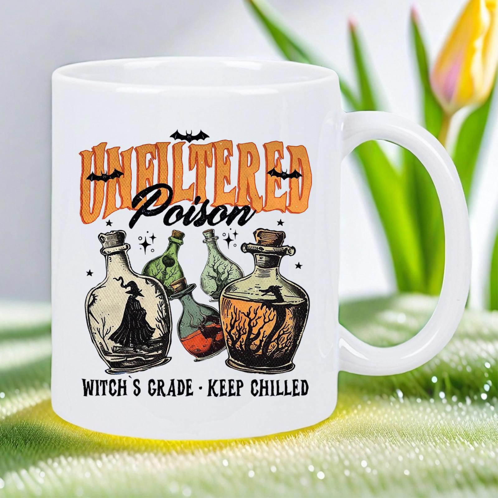 Tailorly White Ceramic 11 oz Mug - Unfiltered Poison Witchs Grade Keep Chilled Mystical Potion Bottles Filled With Magic Silhouettes And Bats Bottle