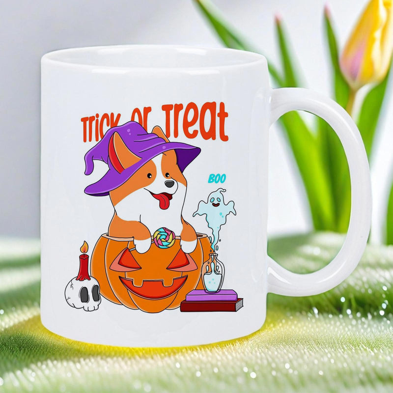 Tailorly White Ceramic 11 oz Mug - Trick Or Treat Boo Cute Halloween Dog Wearing Purple Witch Hat Inside Carved Pumpkin Corgi