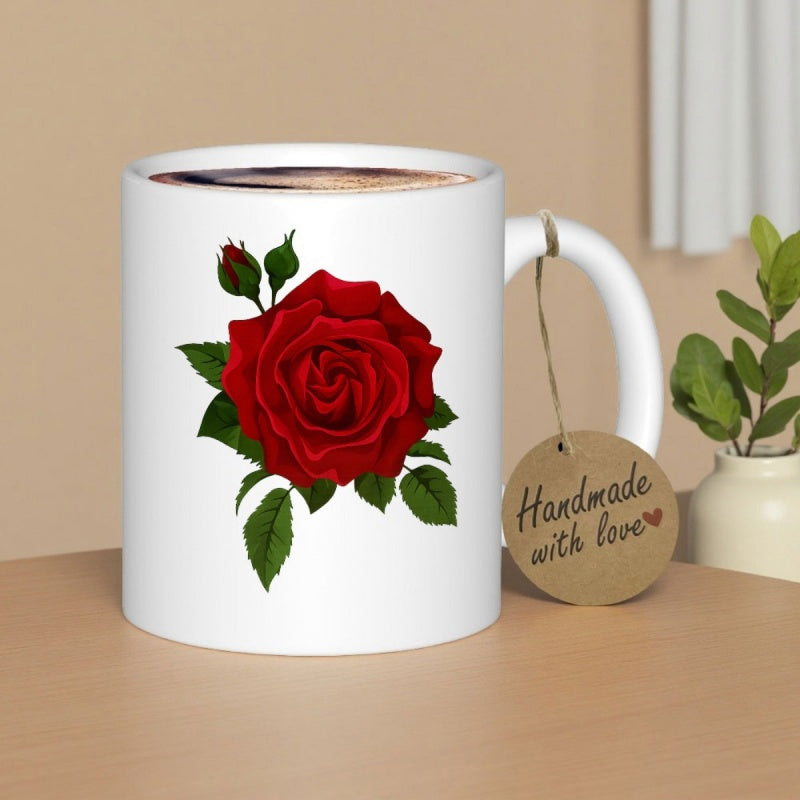 Tailorly White Ceramic 11 oz Mug - Elegant Blooming Red Rose With Green Leaves Under Soft Lighting Rose