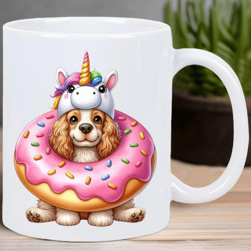 Tailorly White Ceramic 11 oz Mug - Adorable Spaniel Wearing Unicorn Hat Inside A Pink Glazed Sprinkle Donut Dog
