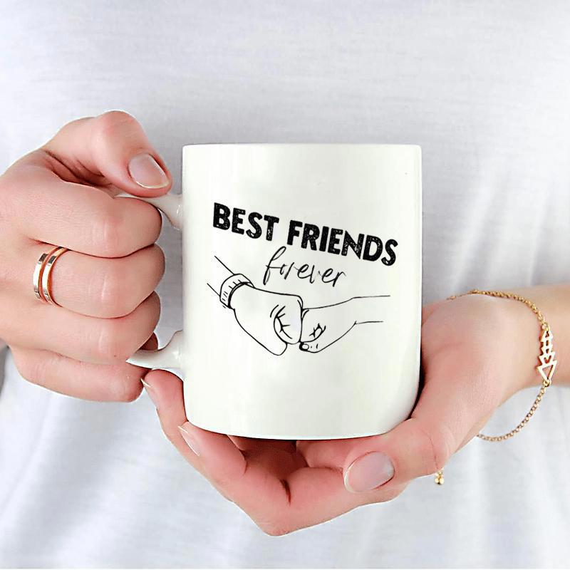 Tailorly White Ceramic 11 oz Mug - Best Friends Forever Minimalist Black Line Drawing Of Two Fists Bumping Each Other Hands