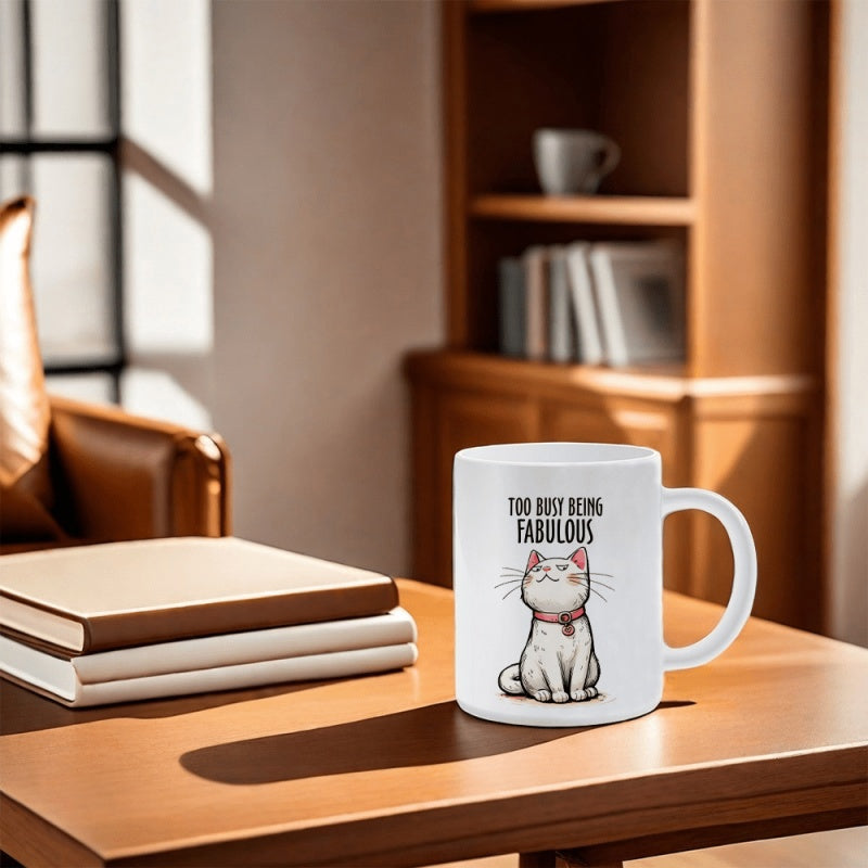 Tailorly White Ceramic 11 oz Mug - Too Busy Being Fabulous Adorable Sitting White Kitten Wearing A Pink Collar Cat