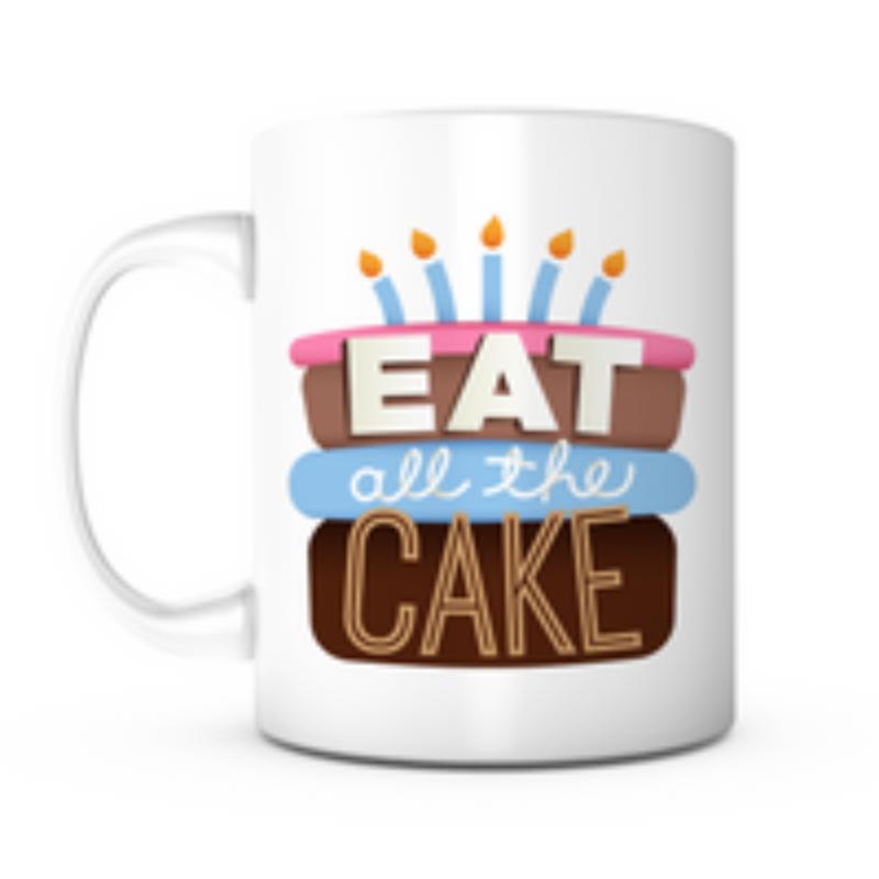 Tailorly White Ceramic 11 oz Mug - Eat All The Cake Delicious Colorful Layered Celebration Featuring Four Glowing Lit Birthday Candles Cake