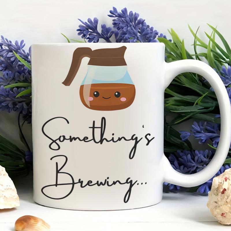 Tailorly White Ceramic 11 oz Mug - Somethings Brewing Cute Smiling Cartoon Carafe Filled With Warm Rich Brown Coffee Pot