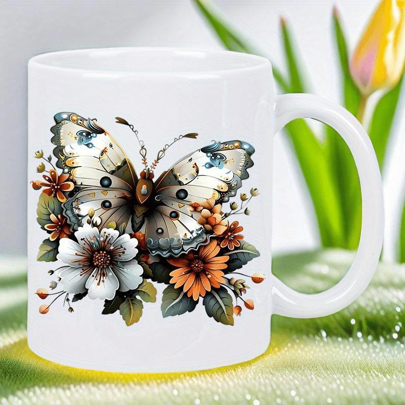 Tailorly White Ceramic 11 oz Mug - Blooming Earthy Flowers And Green Foliage With A Detailed Butterfly