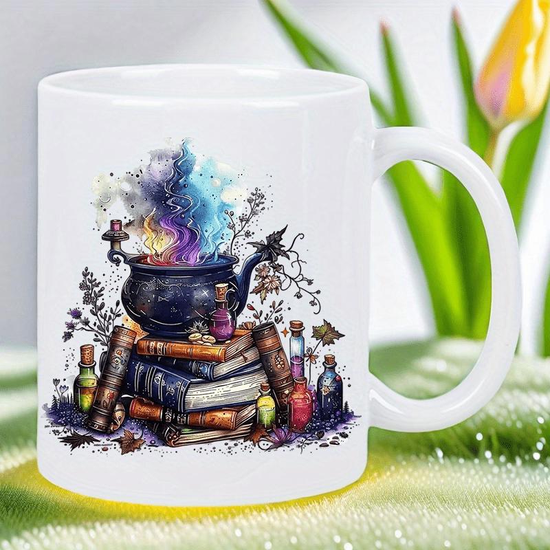 Tailorly White Ceramic 11 oz Mug - Ancient Stacked Books With Magical Smoking Cauldron And Vibrant Potion Bottles Cauldron