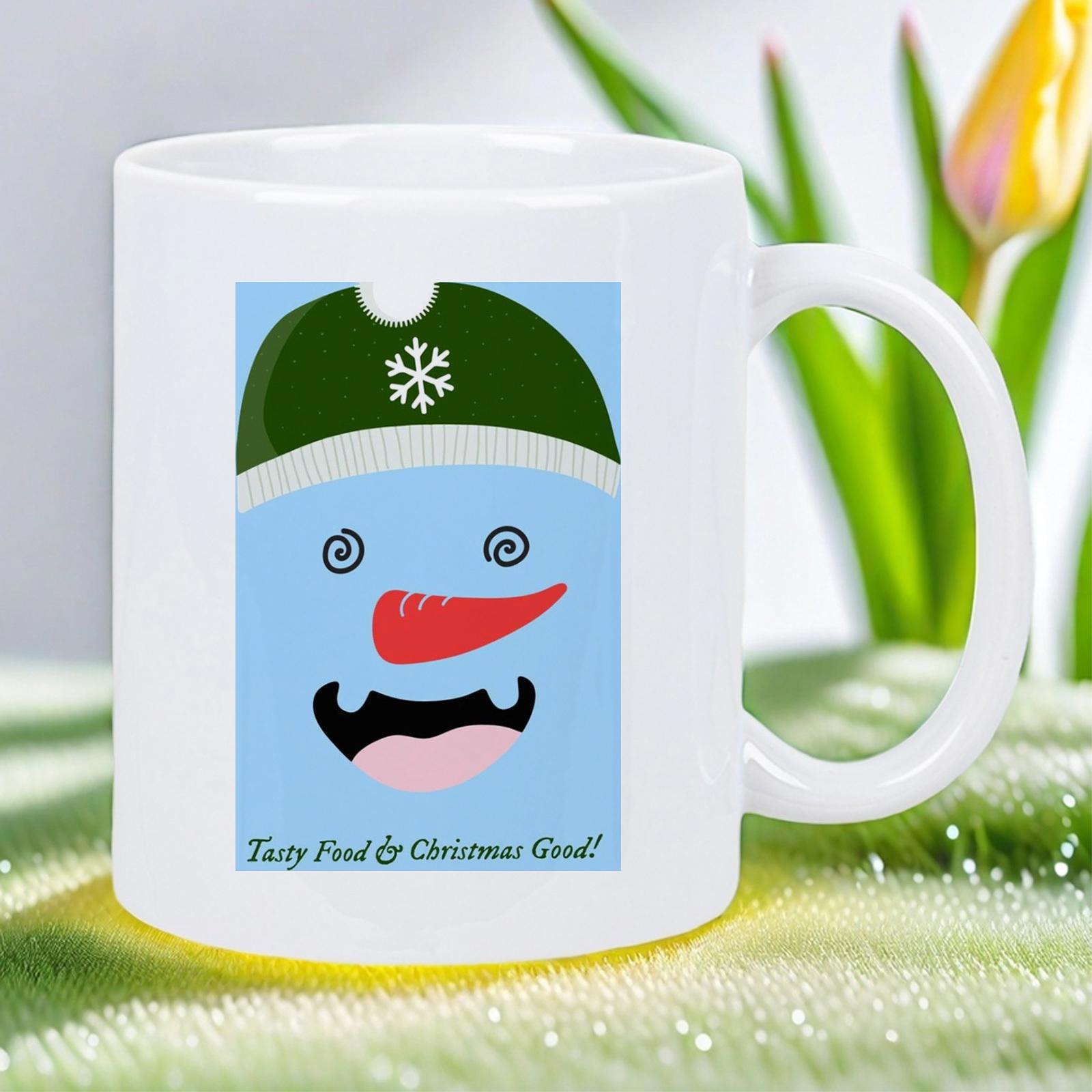 Tailorly White Ceramic 11 oz Mug - Tasty Food Christmas Great Adorable Blue Cartoon Character Wearing Green Snowflake Hat With Red Carrot Snowman