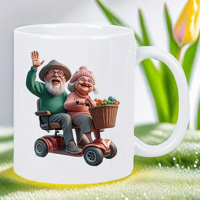Tailorly White Ceramic 11 oz Mug - Happy Smiling Elderly Couple Riding A Small Red Mobility Scooter Grandparents