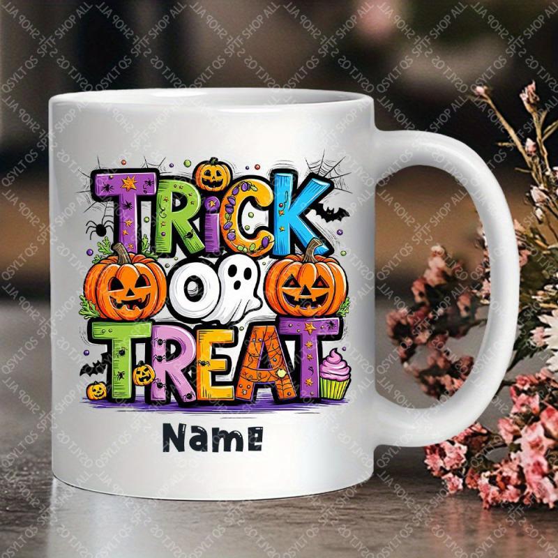Tailorly White Ceramic 11 oz Mug - Trick Or Treat Name Vibrantly Colored Halloween Illustration With Happy Ghost And Spooky Pumpkin