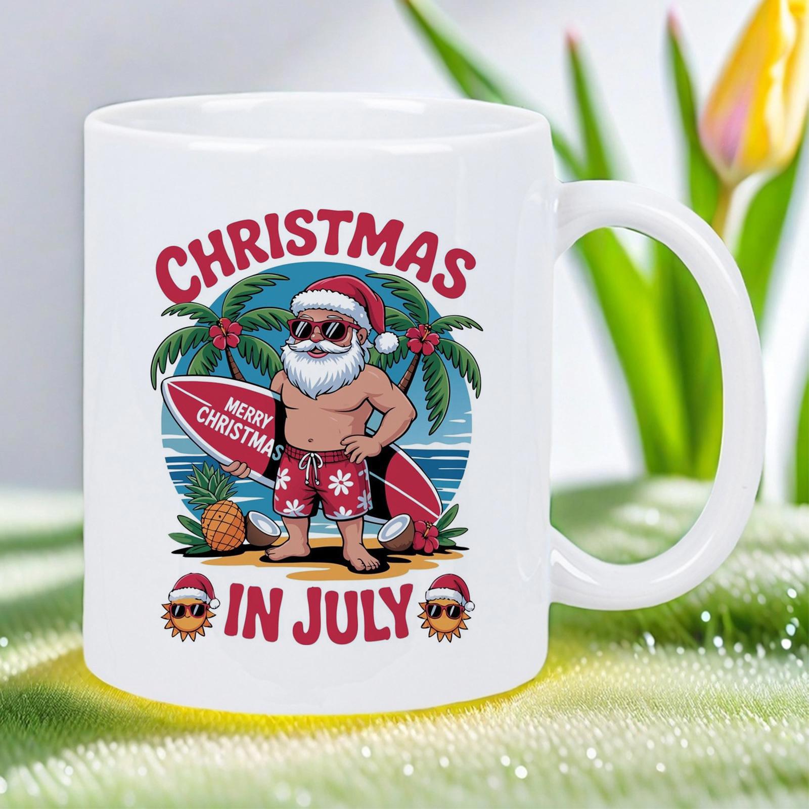 Tailorly White Ceramic 11 oz Mug - Christmas In July Merry Christmas Tropical Beach Setting With Palm Trees And Surfing Santa