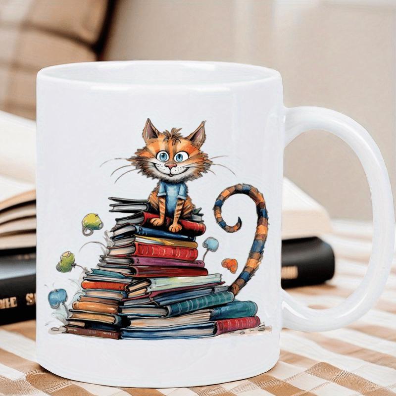 Tailorly White Ceramic 11 oz Mug - Whimsical Ginger Kitten Sitting Atop A Tall Colorful Stack Of Old Books Cat