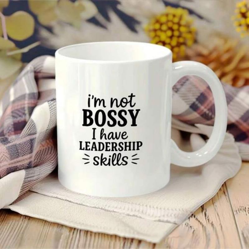 Tailorly White Ceramic 11 oz Mug - Im Not Bossy I Have Leadership Skills Minimalist Black Typography Design With Decorative Accents Bold Lettering Sign
