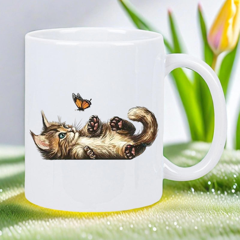 Tailorly White Ceramic 11 oz Mug - Fluffy Brown Tabby Kitten Playing On Back With Orange Butterfly Cat