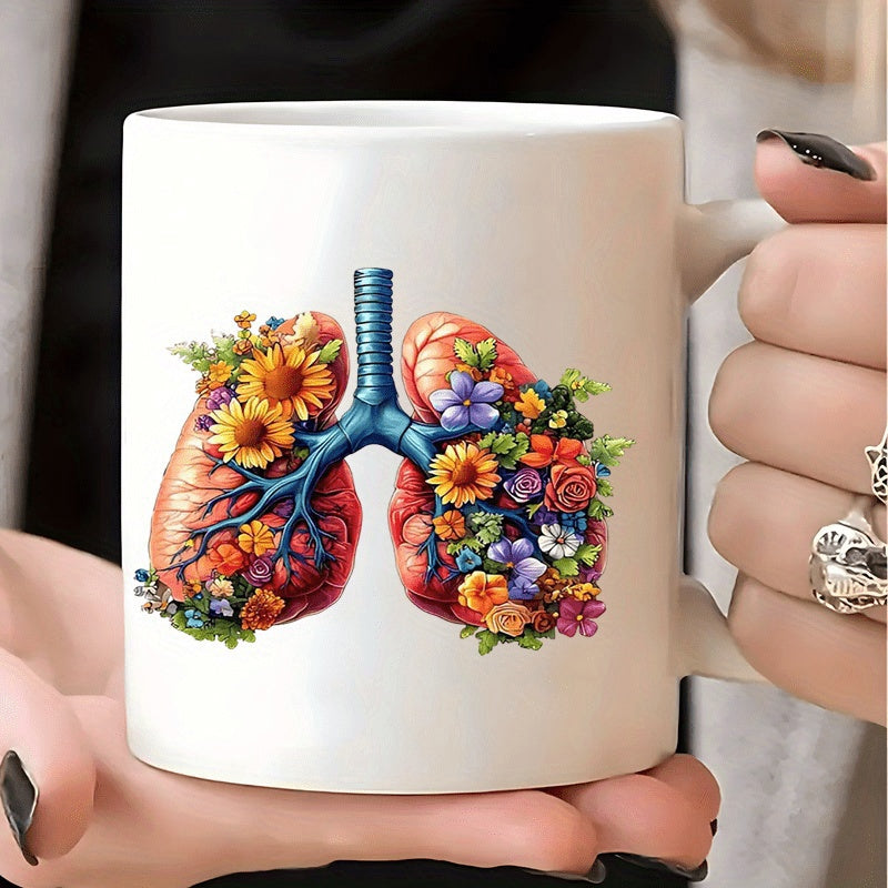Tailorly White Ceramic 11 oz Mug - Vibrant Blooming Wildflowers Growing Inside Anatomical Respiratory Human Lungs