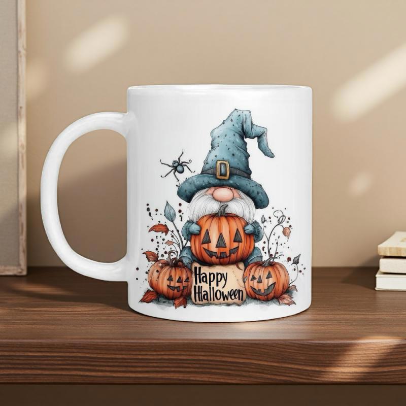 Tailorly White Ceramic 11 oz Mug - Happy Halloween Whimsical Little Gnome Holding Carved Jack O Lantern Sitting Among Autumnal Pumpkins Gnome