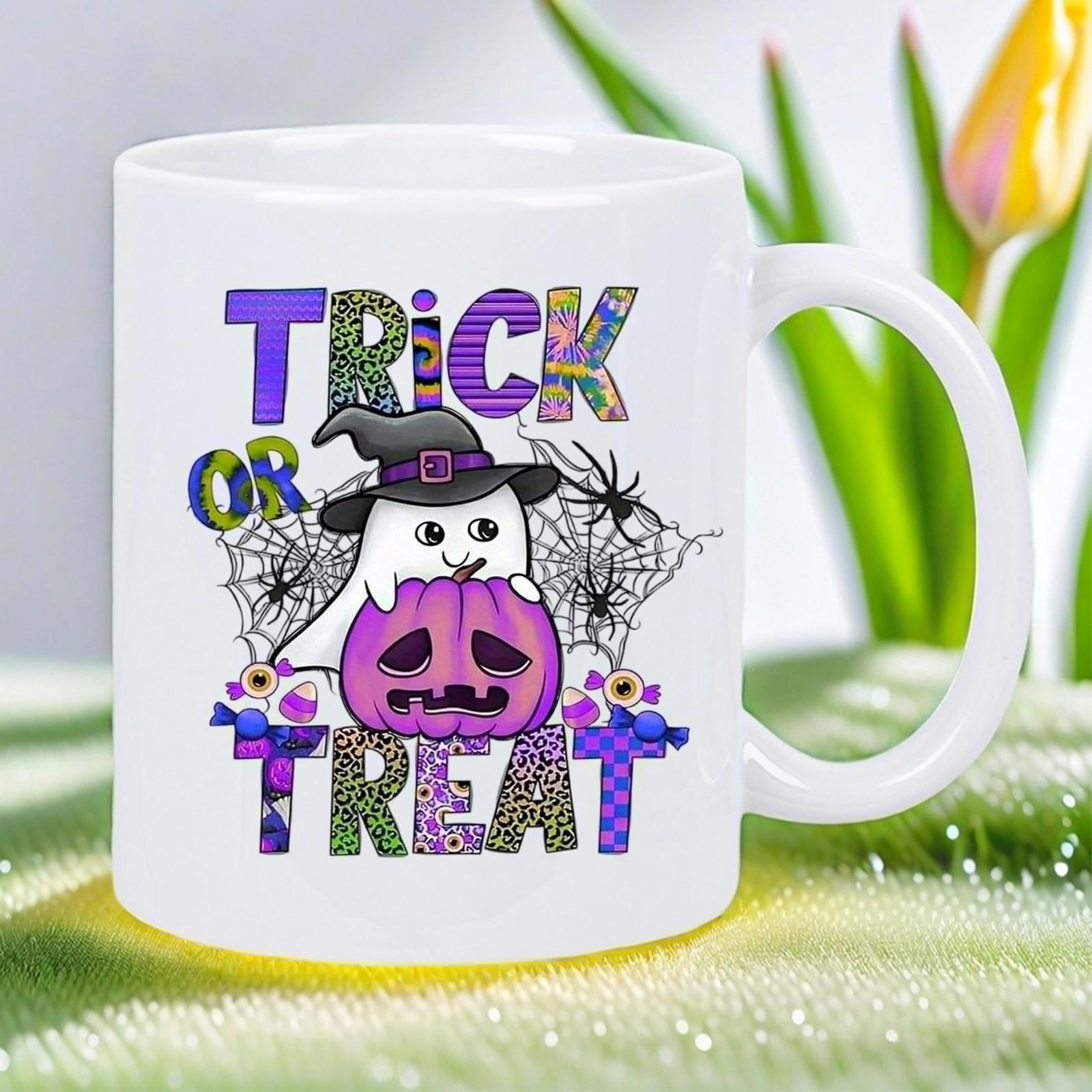 Tailorly White Ceramic 11 oz Mug - Trick Or Treat Spooky Halloween Figure Wearing Witch Hat Holding Purple Jack O Lantern Ghost