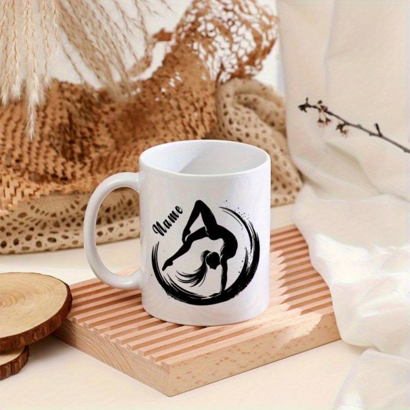 Tailorly White Ceramic 11 oz Mug - Name Artistic Black Ink Silhouette Performing A Flexible Pose Within A Circular Frame Gymnast