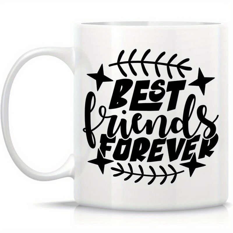 Tailorly White Ceramic 11 oz Mug - Best Friends Forever Artistic Handwritten Script Surrounded By Stars And Wheat Branch Patterns Quote