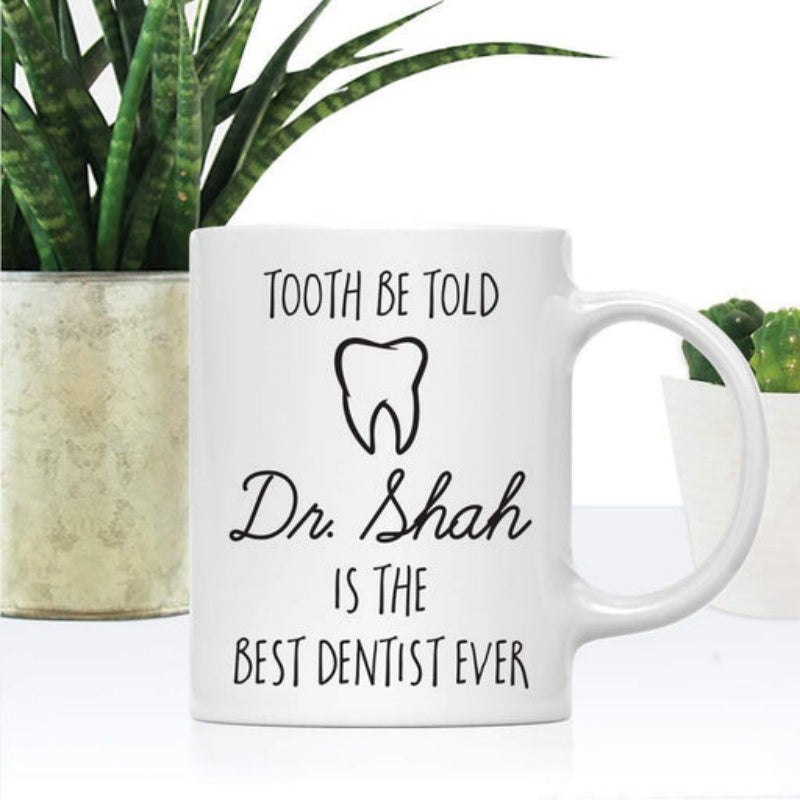Tailorly White Ceramic 11 oz Mug - Tooth Be Told Dr Shah Is The Best Dentist Ever Minimalist Black Line Drawing Of A Human Tooth Centered On
