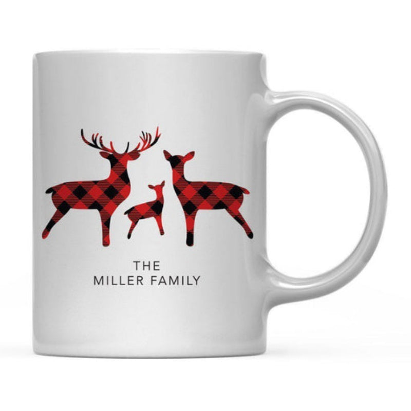 Tailorly White Ceramic 11 oz Mug - The Miller Family Three Silhouetted Creatures With Red Black Buffalo Plaid Texture Pattern Forest Deer