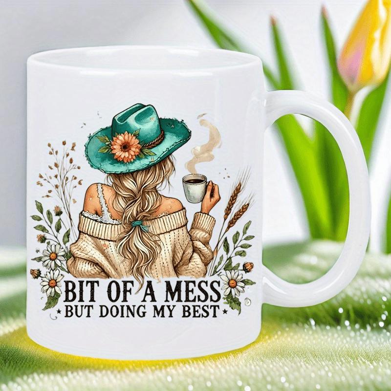 Tailorly White Ceramic 11 oz Mug - Bit Of A Mess But Doing My Best Peaceful Autumn Morning With Hat And Hot Coffee Cup Woman