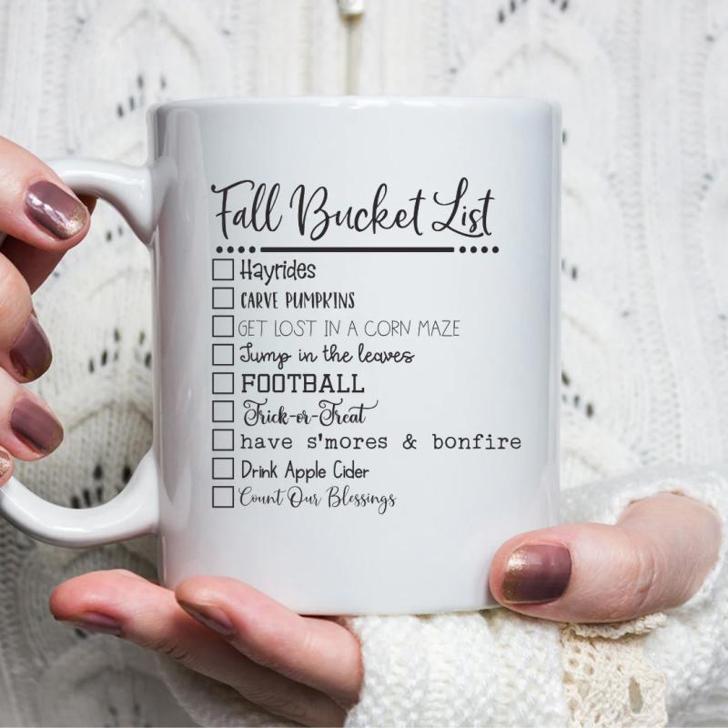 Tailorly White Ceramic 11 oz Mug - Fall Bucket List Seasonal Activities Checklist Written In Black Decorative Typography On Surface Mug