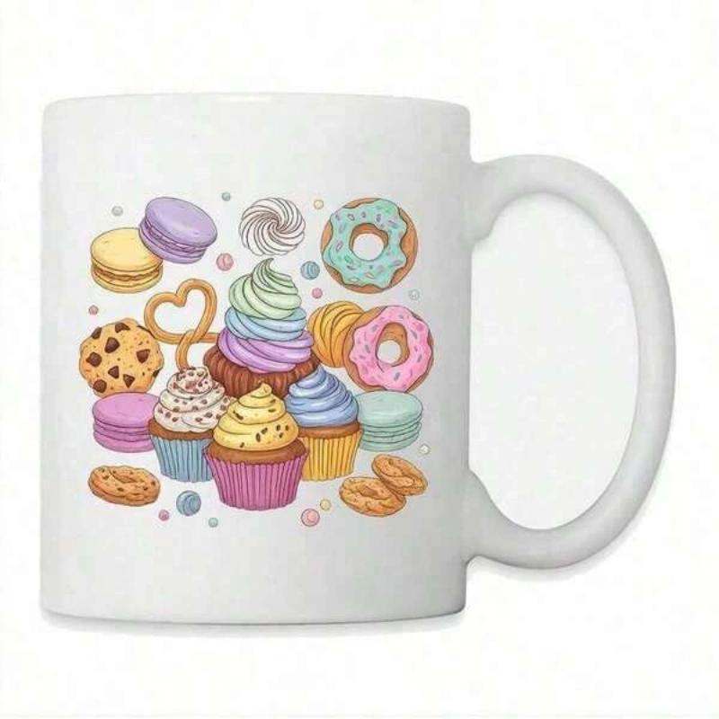 Tailorly White Ceramic 11 oz Mug - Assorted Delicious Pastel Sweet Treats With Frosted Donuts And Miniature Cupcakes