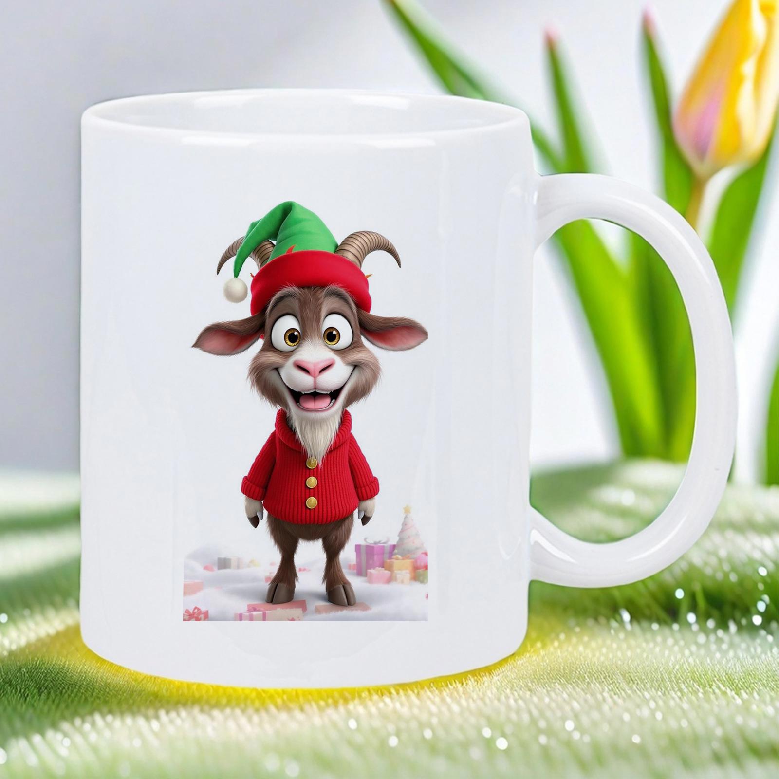 Tailorly White Ceramic 11 oz Mug - Festive Cartoon Goat Wearing Red Sweater And Green Elf Hat Smiling Goat