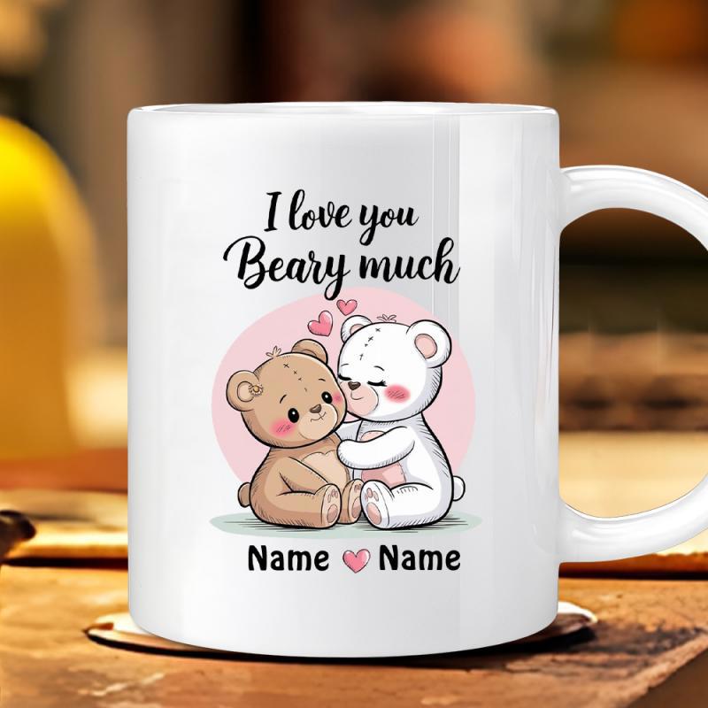 Tailorly White Ceramic 11 oz Mug - I Love You Beary Much Name Name Two Adorable Small Bears Hugging Gently Surrounded By Tiny Pink Hearts Bear