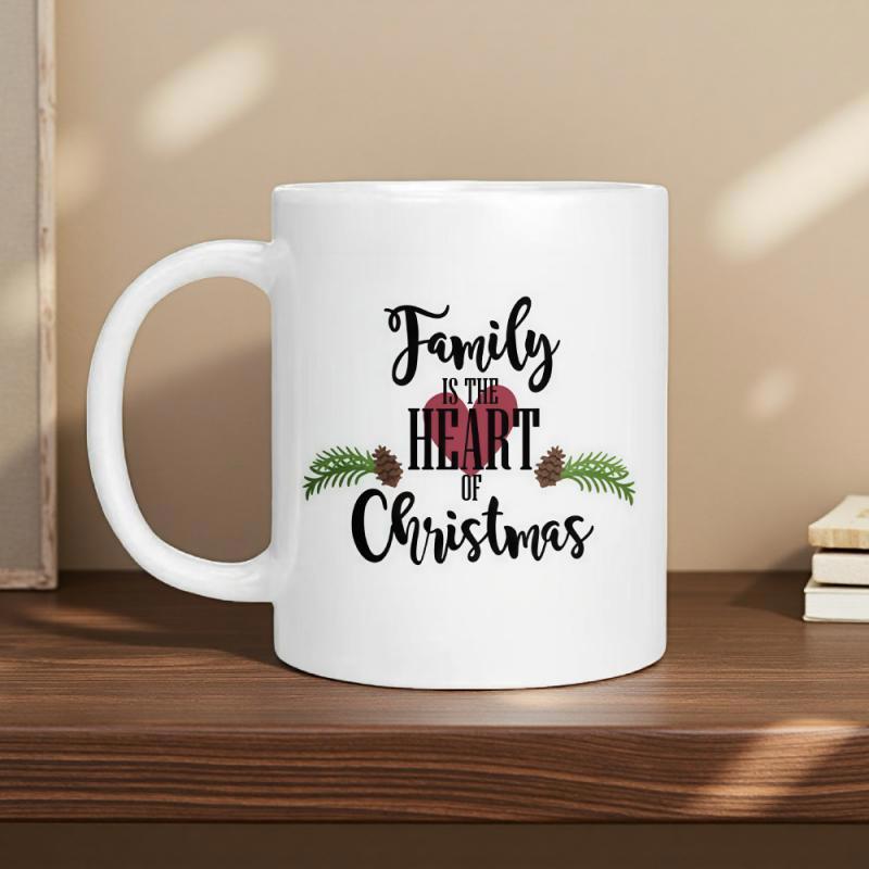 Tailorly White Ceramic 11 oz Mug - Family Is The Heart Of Christmas Pine Branches And Cones Bordering A Festive Red Heart