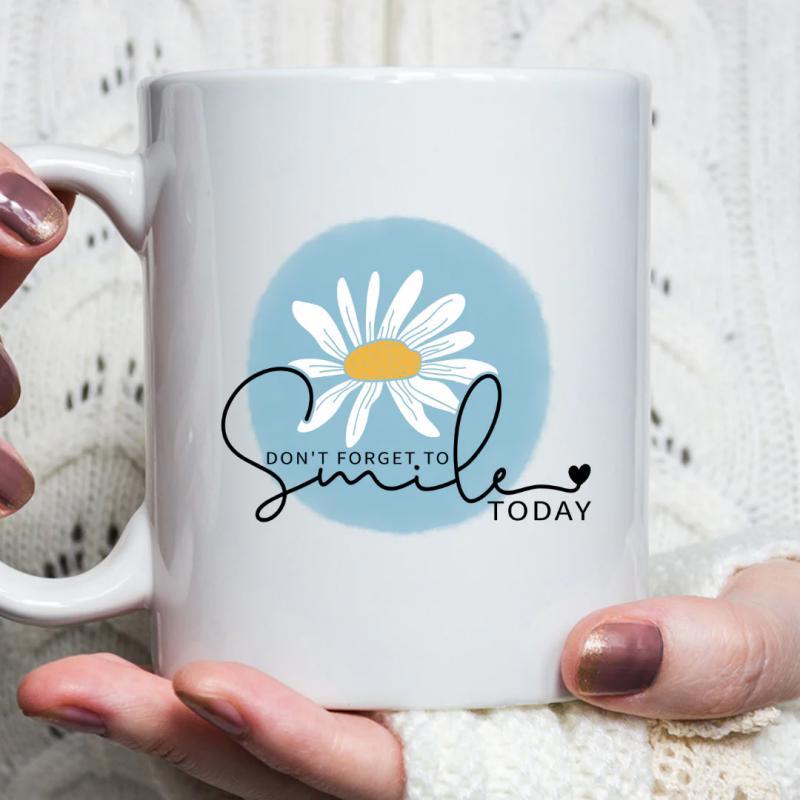 Tailorly White Ceramic 11 oz Mug - Dont Forget To Smile Today White Petals And Yellow Center Blooming Over A Soft Blue Circle Daisy