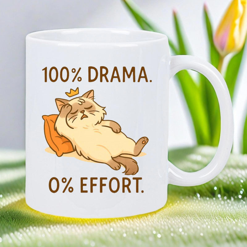 Tailorly White Ceramic 11 oz Mug - 100% Drama 0% Effort Lazy Fluffy Feline Resting On Pillow Wearing Golden Crown Sassy Cartoon Cat