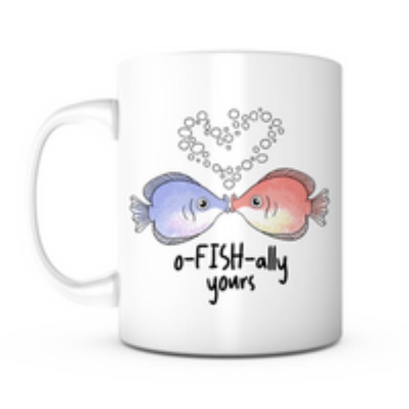 Tailorly White Ceramic 11 oz Mug - O-FISH-ally Yours Two Kissing Watercolor Style Aquatic Creatures With Heart Shaped Bubbles Above Fish