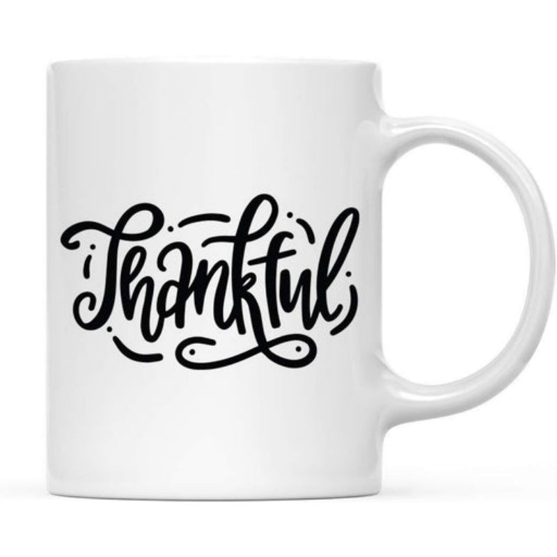 Tailorly White Ceramic 11 oz Mug - Thankful Stylized Handwritten Script Lettering With Elegant Swirls And Delicate Decorative Dots Mug