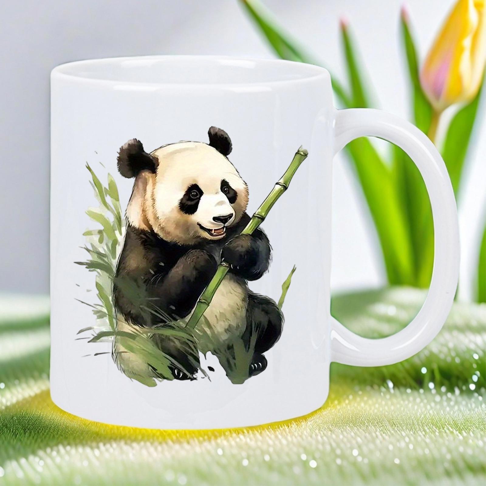 Tailorly White Ceramic 11 oz Mug - Cute Furry Animal Sitting Among Green Grass Holding A Bamboo Stalk Panda