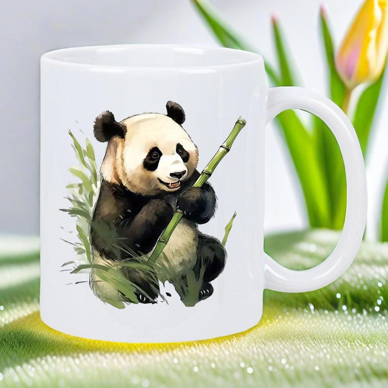 Tailorly White Ceramic 11 oz Mug - Cute Furry Animal Sitting Among Green Grass Holding A Bamboo Stalk Panda