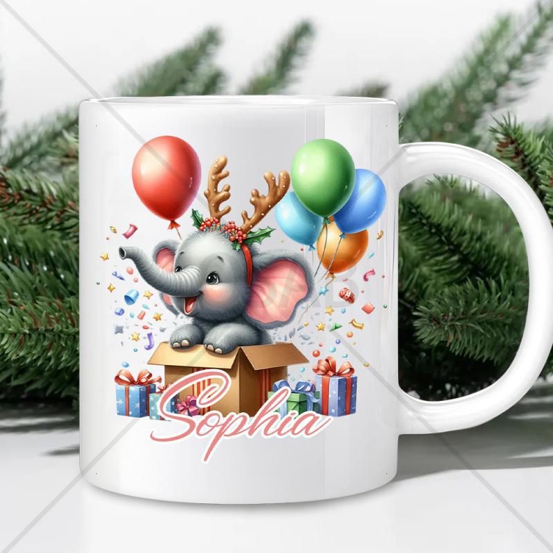 Tailorly White Ceramic 11 oz Mug - Sophia Cute Festive Reindeer Elephant Inside A Gift Box With Colorful Balloons Elephant